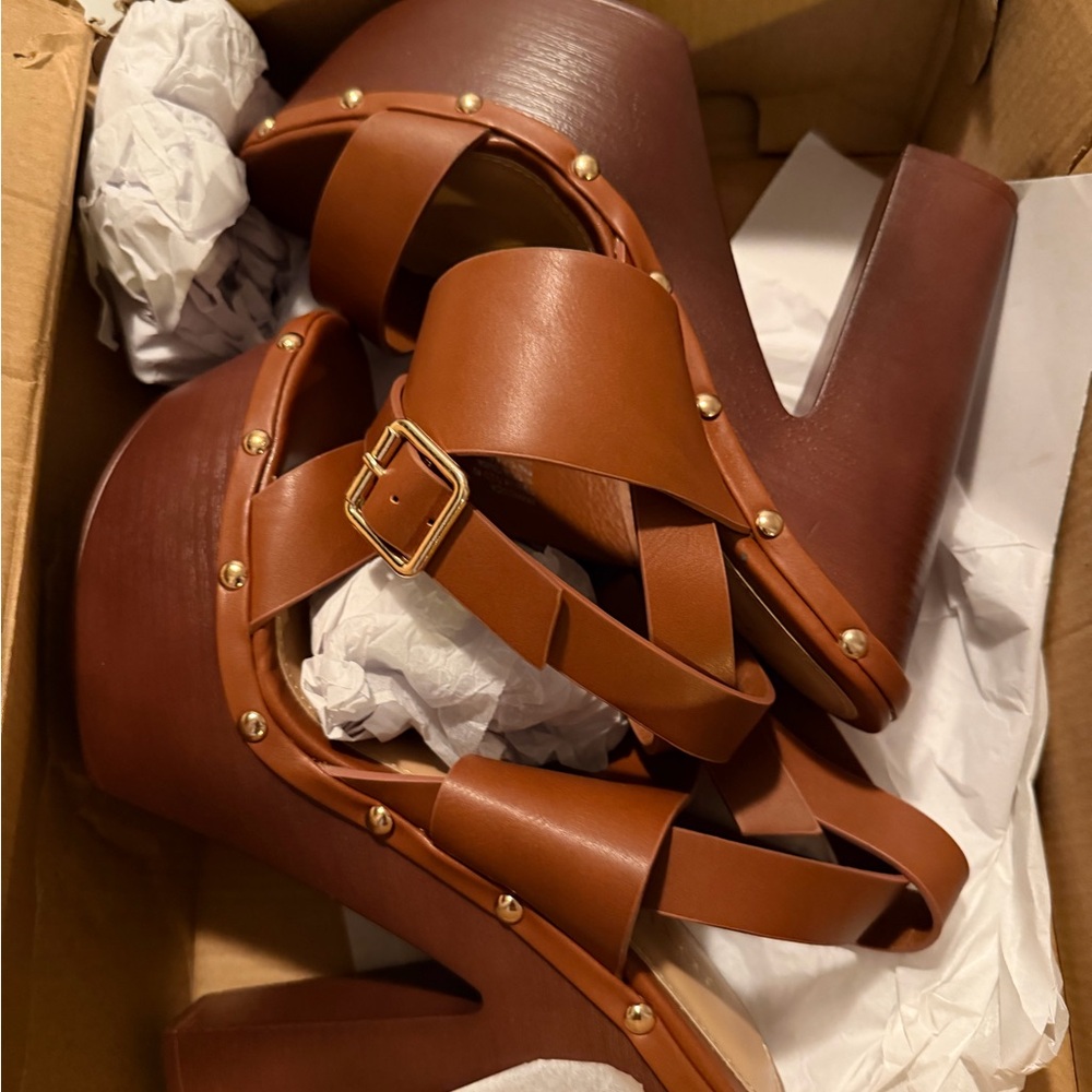 Shoe Dazzle Brown Heels with Gold Studs